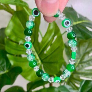3/$15 Evil Eye Green Glass Beaded Bracelet